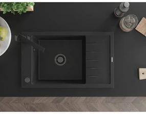 Mexen Elias, granitový drez granitový 795x480x200 mm, 1-komorový, čierna-strieborná metalíza s čiernym sifónom a čierna drezová batéria Rita, 6511-73-670300-70-B