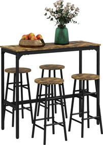 HOMCOM Obdĺžnikový stôl pre 4 osoby so stoličkami a 4 taburetkami z MDF a ocele, taburetky Ø30x60 cm a obdĺžnikový stôl 105x40x90 cm, čierny a rustiká