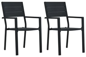 Záhradné stoličky 2 ks, čierne, HDPE, drevený vzhľad