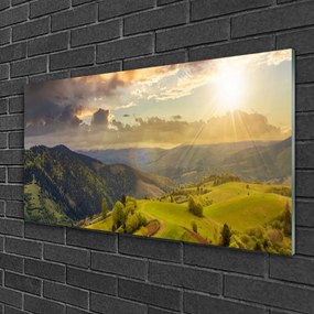 Skleneny obraz Hory lúka západ slnka 120x60 cm