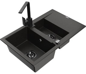 Mexen Gaspar, granitový drez 737x475x177 mm, 1,5-komorový a čierna batéria Rita, čierna-zlatá metalíza, 6507-75-670300-70-B
