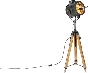 Trojnohý stojaca lampa čierna s dreveným štúdiovým svetlom - Radient