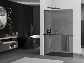 Mexen Kioto+ L, sprchová zástena Walk-In s poličkou a vešiakom 70 x 200 cm, 8mm šedé sklo, čierny profil, 800-070-123-70-40