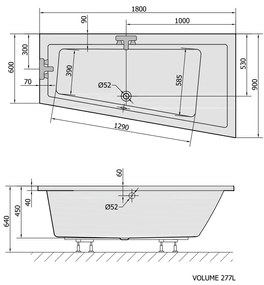 Polysan, ANDRA R asymetrická vaňa 180x90x45cm, biela, 78771