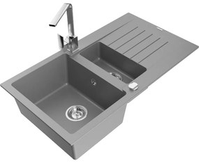 Mexen Matias, granitový drez 900x505x200 mm, 1,5-komorový a chrómová batéria Rita, šedá, 6502-71-670300-00