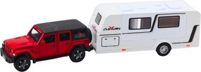 LEAN Toys Súprava: terénne auto, karavan, kovové, pohon, svetlá, zvuky, červená, 1:32