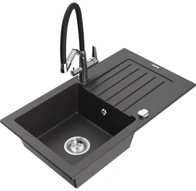 Mexen Pablo, granitový drez 752x436x161 mm, 1-komorový a drezová batéria Duo, čierna škvrnitá, 6510-76-671701-07