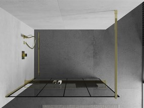 Mexen Kioto+, sprchová zástena s poličkou a držiakom na uteráky 140 x 200 cm, 8mm číre sklo vzor čierny, zlatý profil, 800-140-121-50-77