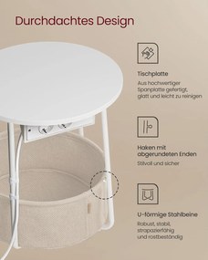 Okrúhly príručný stolík s nabíjacou stanicou, malý stolík so zásuvkou, matná biela a béžová farba