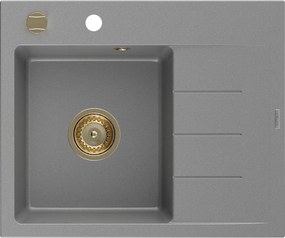 Mexen Ben, 1-komorový granitový drez 600x500x190 mm, ľavý + zlatý sifón, šedá, 6522605000-71-G