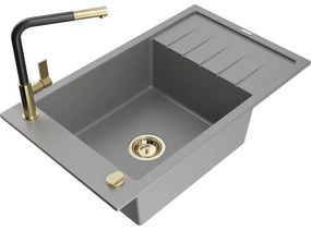 Mexen Elias, 1-komorový granitový drez 795x480x200 mm a drezová batéria Flora, šedá, 6511-71-670401-57-G