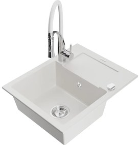 Mexen Enzo, 1-komorový granitový drez 576x465x174 mm a drezová batéria Aster, biela, 6506-20-73450-02