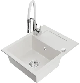 Mexen Enzo, 1-komorový granitový drez 576x465x174 mm a drezová batéria Aster, biela, 6506-20-73450-02
