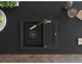 Mexen Enzo, 1-komorový granitový drez 576x465x174 mm a drezová batéria Flora, čierna, 6506-77-670401-57-B