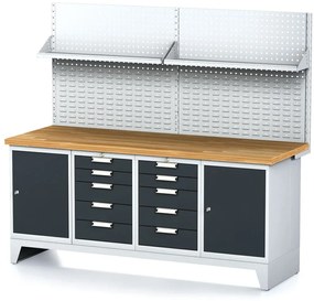 Alfa 3 Dielenský stôl MECHANIC I, perforovaný panel, polica, 2 skrinky a 2 zásuvkové boxy na náradie, 10 zásuviek, 2000x685x880 mm, antracitové dvere