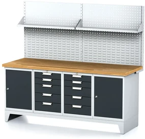 Alfa 3 Dielenský stôl MECHANIC I, perforovaný panel, polica, 2 skrinky a 2 zásuvkové boxy na náradie, 10 zásuviek, 2000x685x880 mm, antracitové dvere