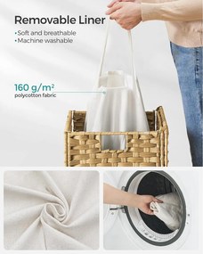 Kôš na bielizeň zo syntetického ratanu, s vekom a rúčkami, skladací, prírodný