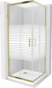 Mexen Rio, štvorcový sprchovací kút s posuvnými dverami 80(dvere) x 80(dvere) x 190 cm, 6mm číre sklo s pásikmi, zlatý profil + biela sprchová vanička SLIM, 860-080-080-50-20-4010G