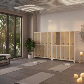Kovová šatňová boxová skriňa na nôžkach s 10 boxami BARTEK, 1360 x 1720 x 450 mm, Eco Design: biela/ dub sonoma