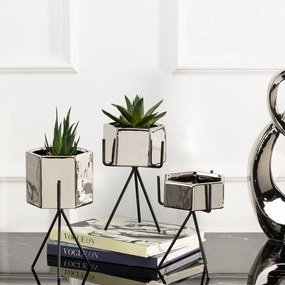 KERAMICKÝ KVETINÁČ SO STOJANOM SASHI SADA 3KS 20X9,5 CM+18X10 CM+16X9,5 CM STRIEBORNÁ