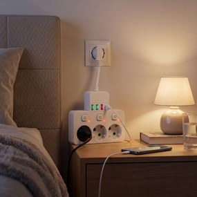 Toolight Toolight, JNH018, zásuvkový rozbočovač 3 zásuvky + 3× USB-A + USB-C s LED svetlom, biela, OSW-56306