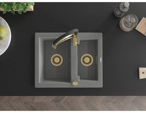 Mexen Carlos, 1,5-komorový granitový drez 582x475x177 mm a drezová batéria Aster, šedá, 6518-71-73450-57-G