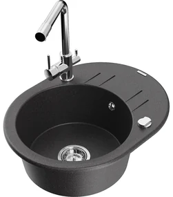 Mexen Kevin, drez granitový 586x458x190 mm, 1-komorový a chrómová Duero batéria, čierna - strieborná metalíza, 6517-76-671600-00