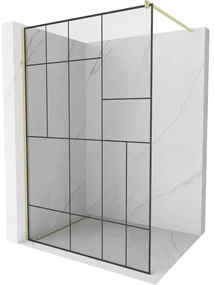 Mexen Kioto, sprchová zástena Walk-In 130 x 200 cm, 8mm číre sklo čierny vzor, zlatý matný profil, 800-130-101-55-78