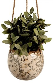 Závesný béžový keramický obal na kvetináč so šedými kvetmi - Ø 11*12/74 cm
