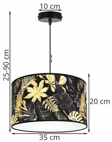 Závesné svietidlo Gold Flowers, 1x čierne textilné tienidlo s kvetinovým vzorom, (fi 35cm)