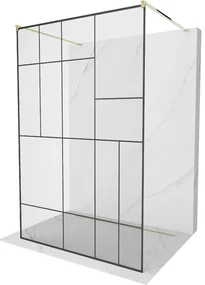Mexen Kioto, priechodná sprchová zástena 110 x 200 cm, 8mm sklo číre/čierny vzor, 2x zlatá stabilizačná rozpera, 800-110-002-50-78