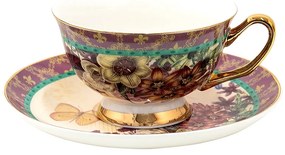 Porcelánová šálka s tanierikom s kvetmi a motýlikami - 12*10*6 cm / Ø 15*2 cm / 200 ml / Ř 15*2 cm / 200 ml