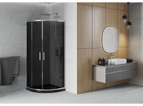 Mexen Rio, štvrťkruhový sprchovací kút s posuvnými dverami 80 x 80 cm, 6mm šedé sklo, chrómový profil + čierna sprchová vanička, 863-080-080-01-30-4170