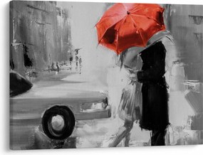 Obraz - Zamilovaný pár pod dáždnikom, červený (70x50 cm)