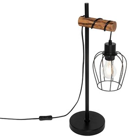 Rustikálna stolná lampa čierna s drevom - Stronk