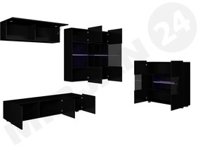 Obývacia stena Bralani VI s komodou, Farby: dub zlatá / biely + biely lesk, Osvetlenie: osvetlenie LED modré