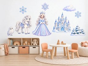 Zimná princezná a ľadový zámok ľadové akvarelové nálepky na stenu pre malé princezné arch 46 x 34 cm
