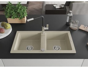 Mexen Mario, 2-komorový granitový drez 820x436x161 mm a drezová batéria Flora, béžová, 6504-69-670401-07
