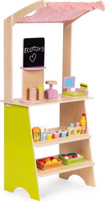 Detský drevený stánok ECOTOYS pre deti 3+ s pokladňou, terminálom, váhou, 20 dielov