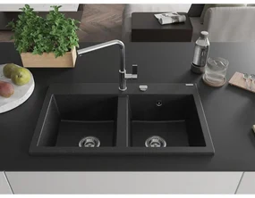 Mexen Hektor, 2-komorový granitový drez 800x480x205 mm, čierna-strieborná metalíza, chrómový sifón, 6521802000-73