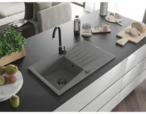 Mexen Cesar, granitový drez 775x470x190 mm, 1-komorový, šedá s čiernym sifónom, 6514771010-71-B