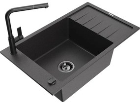 Mexen Elias, 1-komorový granitový drez 795x480x200 mm a drezová batéria Flora, čierna škvrnitá, 6511-76-670401-70-B