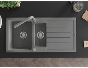 Mexen Andres, granitový drez 1000x500x200 mm, 1,5-komorový + šedá batéria Duero, šedá, 6515-71-671600-71