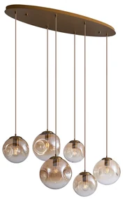 Art Deco závesná lampa mosadzná s oválnou stropnou doskou a jantárovým sklom 6-svetiel - Douglass
