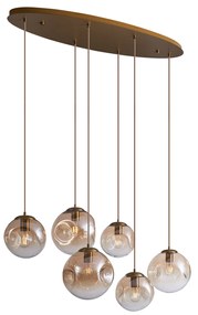 Art Deco závesná lampa mosadzná s oválnou stropnou doskou a jantárovým sklom 6-svetiel - Douglass