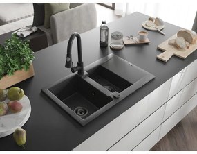 Mexen Gaspar, 1,5-komorový granitový drez 737x475x177 mm a drezová batéria Elia, čierna škvrnitá, 6507-76-670101-70-B
