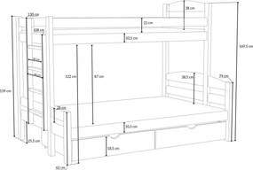 Detská poschodová posteľ z masívu borovice s rozšíreným spodným lôžkom SAVANA so šuplíkmi - 200x90/140 cm - BIELA