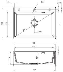 Deante Eridan, granitový drez na dosku 700x520x210 mm, 3,5" + priestorovo úsporný sifón, 1-komorový, čierna, ZQE_N103