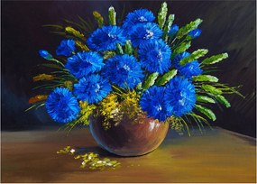 Obraz modrých kvetov vo váze (70x50 cm)