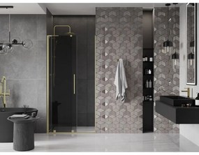 Mexen Velar L, posuvné sprchové dvere do otvoru 90 cm, 8mm šedé sklo, zlatá matná, 871-090-003-41-55